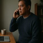A home office at early morning, someone standing at a small desk with a laptop open, one hand on a phone, mid-dial, looking toward a window with grey Ca...