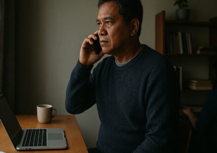 A home office at early morning, someone standing at a small desk with a laptop open, one hand on a phone, mid-dial, looking toward a window with grey Ca...