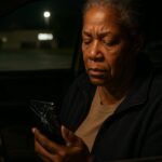 Inside a parked pickup truck at night, someone in the driver's seat holding a phone with a cracked screen close to their face, thumb mid-type.