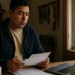 A small workshop or storefront interior, early morning light coming through a front window, a solo owner standing at a counter reviewing a stack of invo...