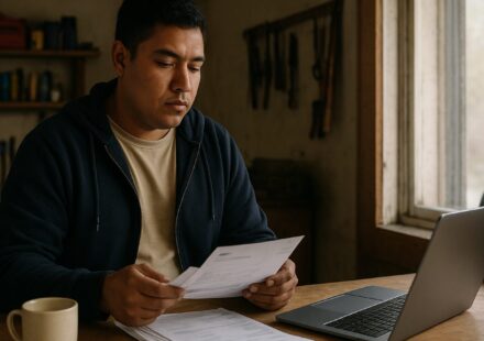 A small workshop or storefront interior, early morning light coming through a front window, a solo owner standing at a counter reviewing a stack of invo...