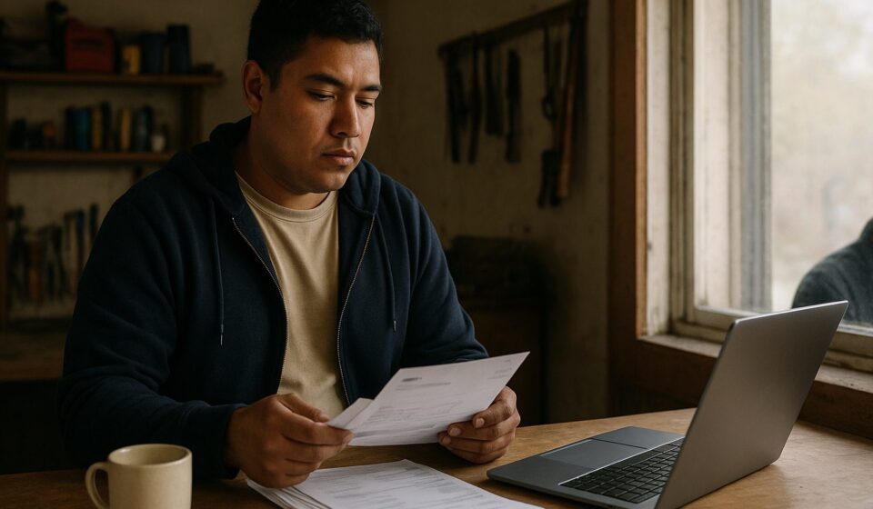 A small workshop or storefront interior, early morning light coming through a front window, a solo owner standing at a counter reviewing a stack of invo...