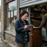 A small retail shopfront on a quiet Canadian street in the early morning, roll-up gate half raised, the owner standing just inside the doorway checking...