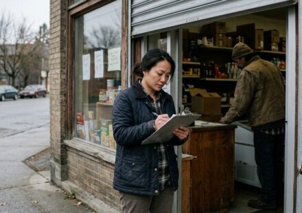 A small retail shopfront on a quiet Canadian street in the early morning, roll-up gate half raised, the owner standing just inside the doorway checking...