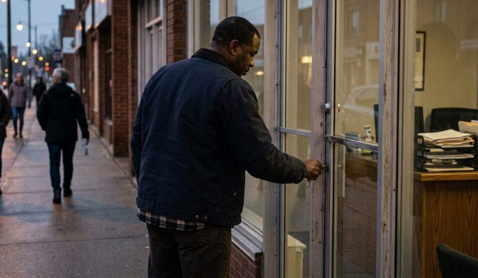 A small storefront office at dusk, closing time, one person locking the front door of a modest commercial unit on a quiet Canadian street, a stack of pa...